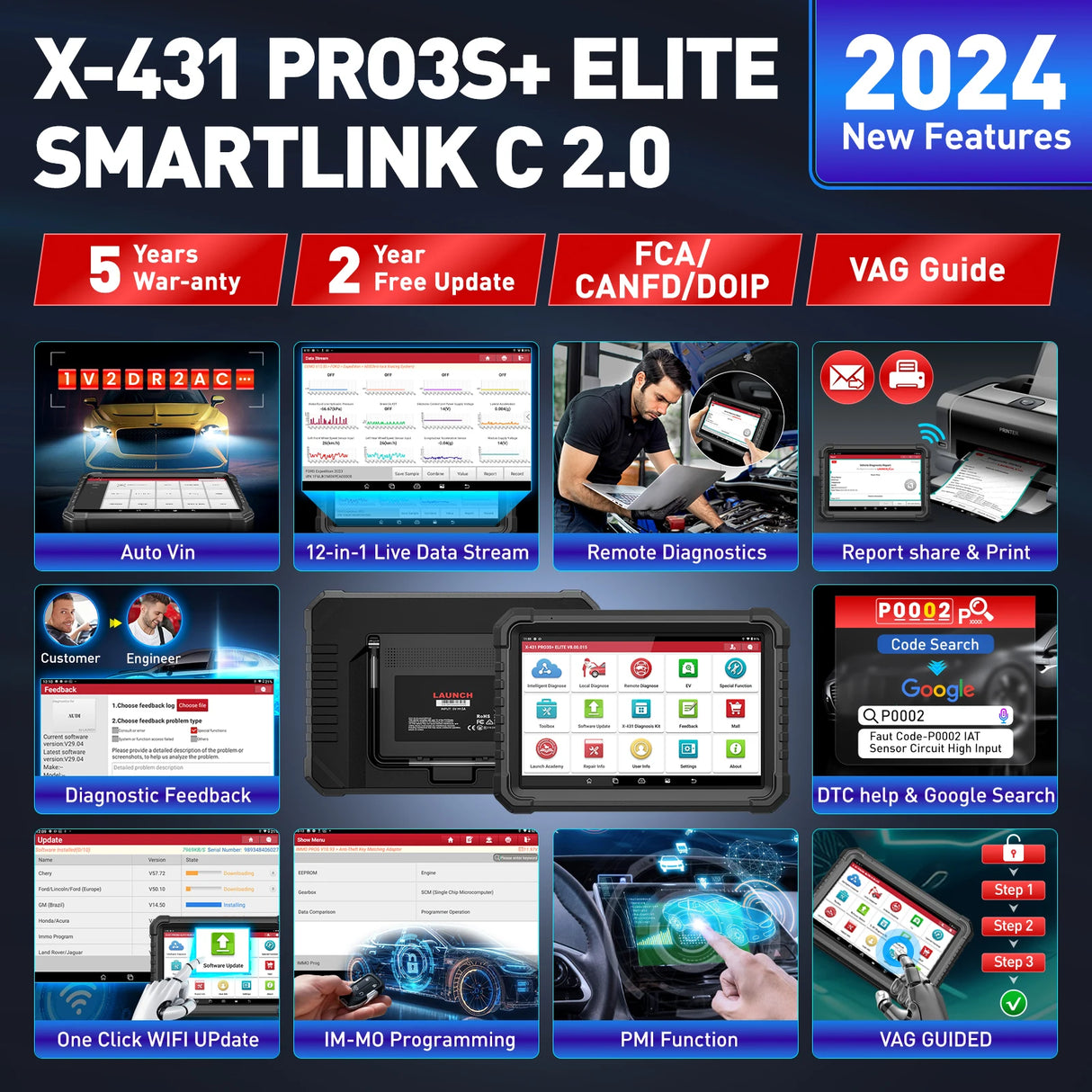 Launch X431 PRO3S+ Elite – Auton Diagnostiikkaskanneri ja J2534-ohjelmointityökalu SmartLink C2.0 -yhteydellä