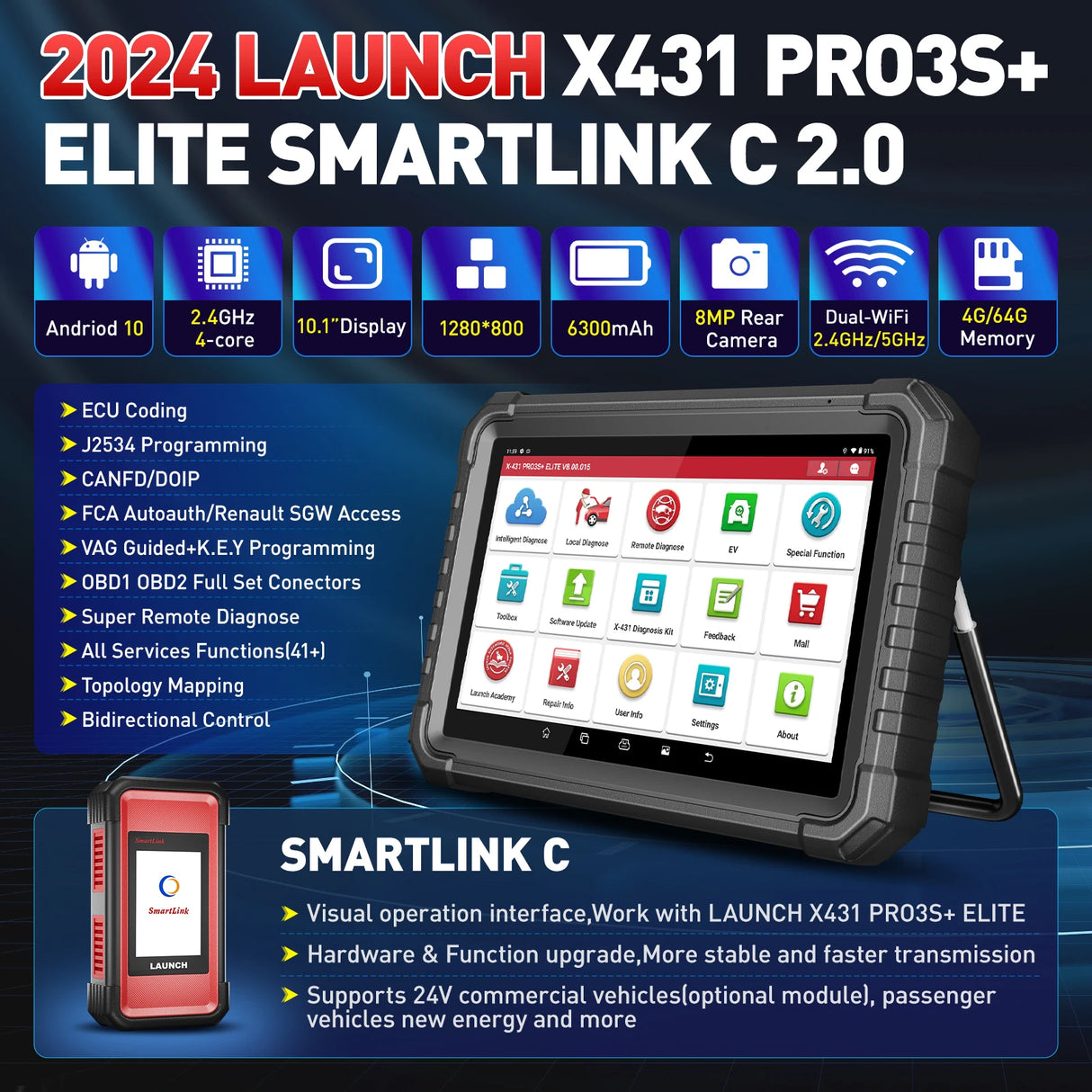 Launch X431 PRO3S+ Elite – Auton Diagnostiikkaskanneri ja J2534-ohjelmointityökalu SmartLink C2.0 -yhteydellä