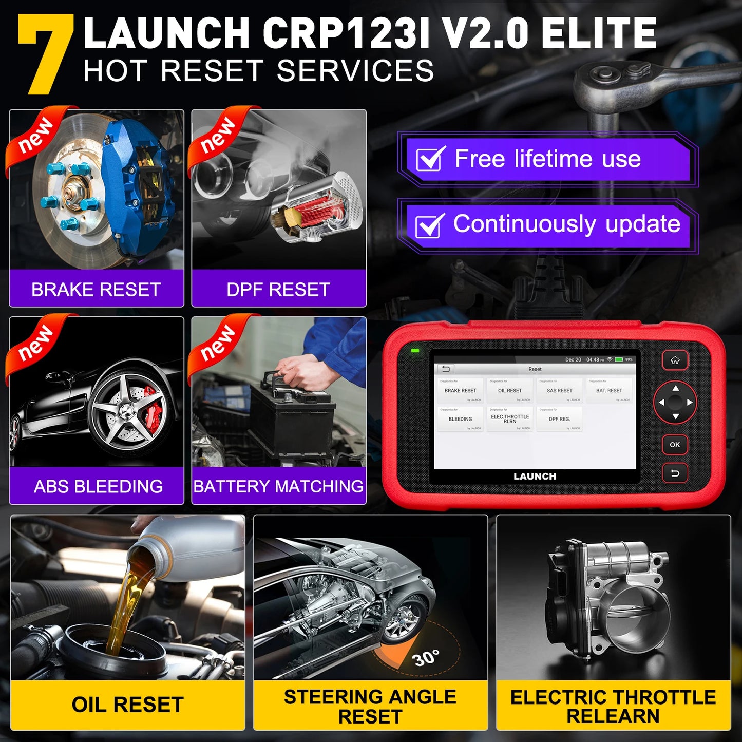 LAUNCH CRP123I V2.0 OBD2 Scanner – Quad-System Diagnostic Tool, 7 Reset Functions, Free Lifetime Update