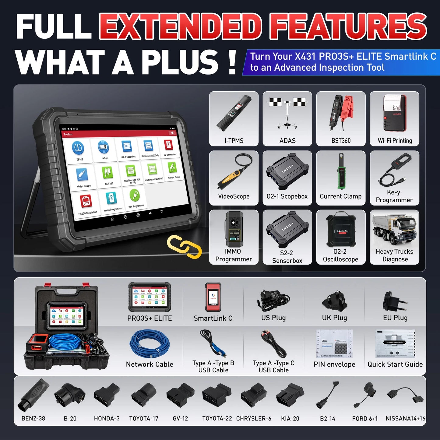 Launch X431 PRO3S+ Elite – Car Diagnostic Scanner and J2534 Programming Tool with SmartLink C2.0 Connection