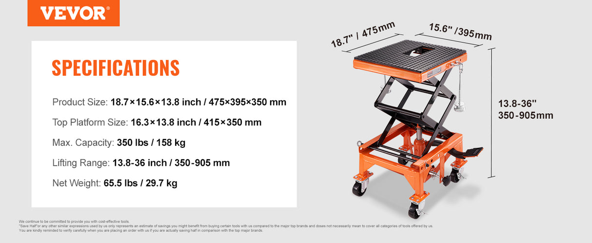 VEVOR Moottoripyöränostin saksinostin hydraulinen, 350 lbs